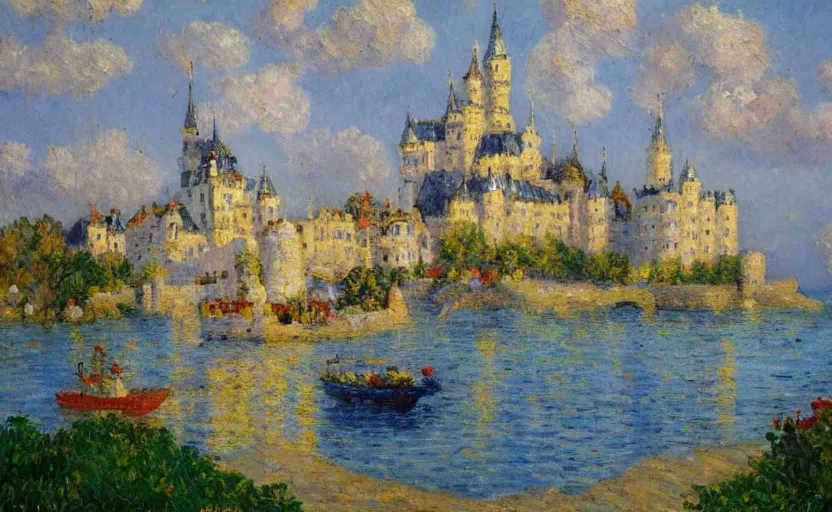 Prompt: a French impressionist oil painting of a lego castle