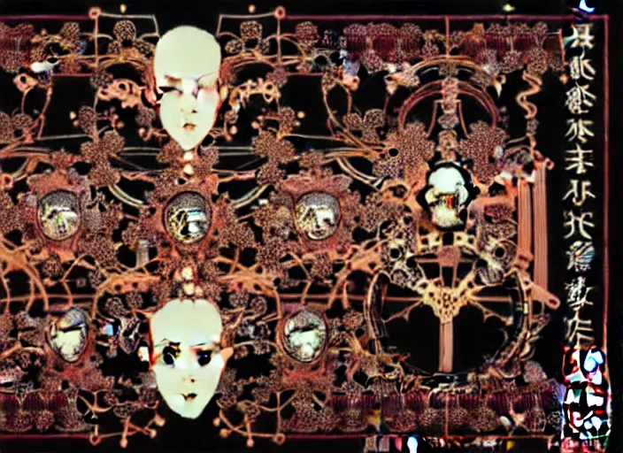 Image similar to baroque rococo bedazzled gothic royalty fractal frames surrounding a futuristic japanese cyberpunk bladerunner silk screen by utagawa yoshiiku, ohara koson, pixiv contest winner, cyberpunk style, horrorcore cyberpunk color scheme, mechanical, robotic, human machine interface, high resolution, hd, bold clear lines