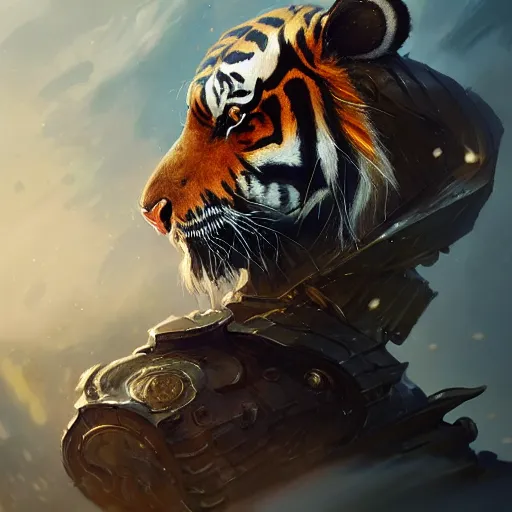 Image similar to commission of a tiger wearing diamond victorian armour ,character design by charles bowater,greg rutkowski,ross tran,hyperdetailed,hyperrealistic,4k,deviantart,artstation,professional photography,concept art