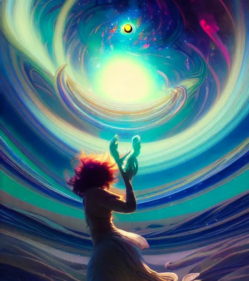 Prompt: cosmic travelers, planets and stars, psychedelic blackhole swirled imagery by artgerm, cushart krenz, greg rutkowski, mucha. space art. lucien rudaux, cosmos, vivid colors, sharp edges. ultra clear detailed. 8 k. elegant, intricate, octane render