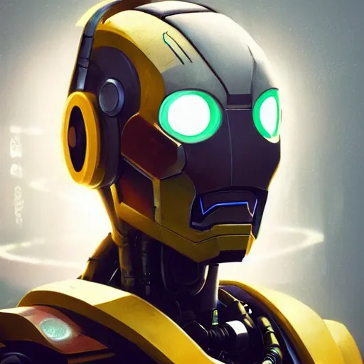 Image similar to robot with glowing yelow visor as a realistic scifi cyberpunk knight, closeup portrait art by james jean and greg rutkowski, realistic face, like ironman, digital art, trending on artstation, symmetry!!!