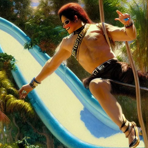 Image similar to michael jackson going down a waterslide with a monkey, highly detailed painting by gaston bussiere, j. c. leyendecker, greg rutkowski, craig mullins 8 k