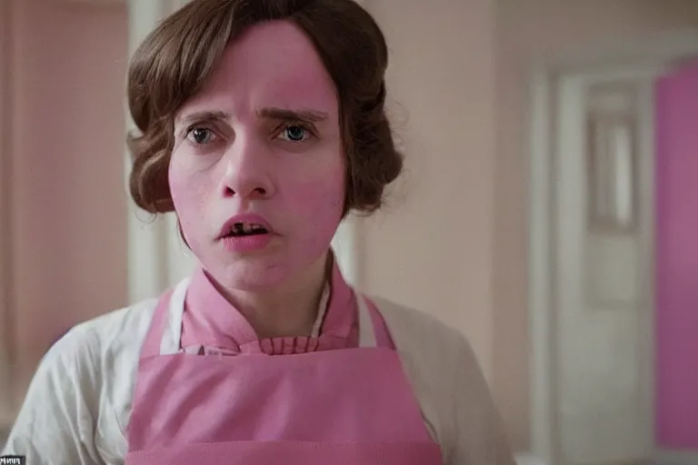 Prompt: mid-shot of as a maid in the new movie directed by Wes Anderson, symmetrical shot, idiosyncratic, relentlessly detailed, pastel, limited pastel colour palette, detailed face, movie still frame, promotional image, imax 70 mm footage, Javi Aznarez