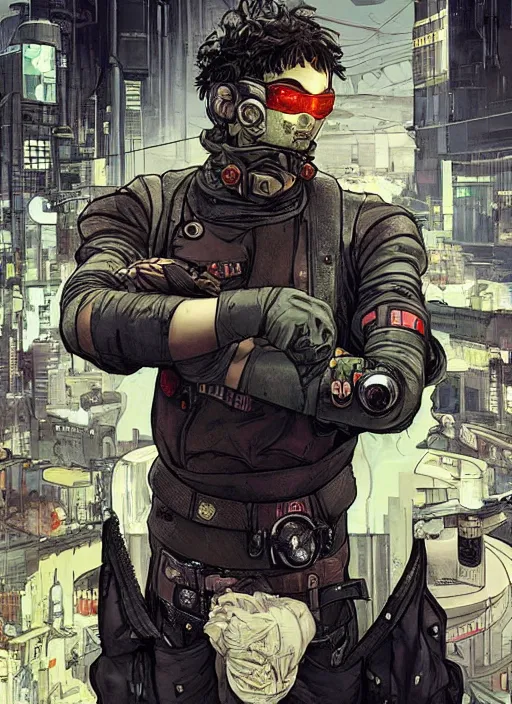 Prompt: cyberpunk chef. portrait by ashley wood and alphonse mucha and laurie greasley and josan gonzalez and james gurney. splinter cell, apex legends, rb 6 s, hl 2, d & d, cyberpunk 2 0 7 7. realistic face. character clothing. vivid color. dystopian setting.