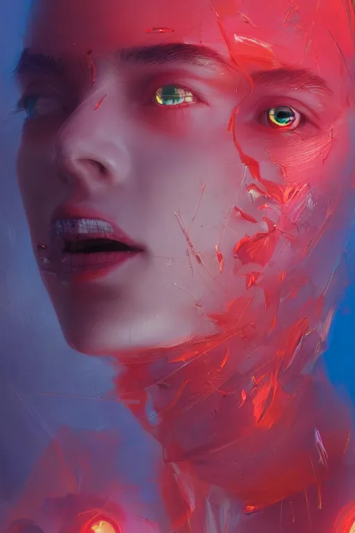 Image similar to 3 d, sci - fi, morning, happy fashion model face, sun, lightning clouds, vogue cover style, light red and deep blue mood, cinematic, realistic painting, intricate oil painting, high detail, figurative art, multiple exposure, poster art, 3 d, by stanley kubrick and tooth wu and wlop and beeple and greg rutkowski