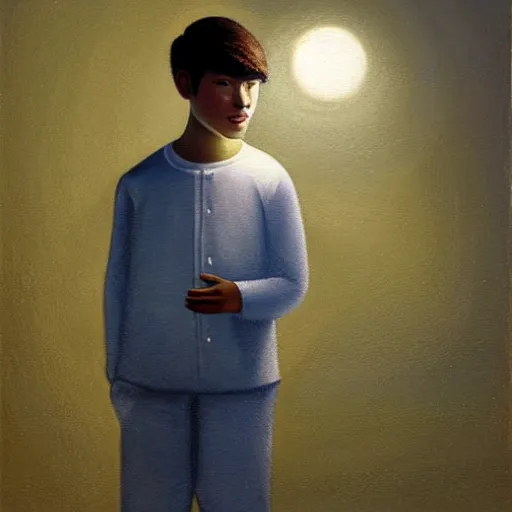 Prompt: a young teen, wearing pajamas, standing in his bedroom watching a green glowing orb floating in front of him, orb, dark, dramatic lighting, detailed, oil painting by jama jurabaev