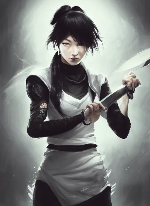 Image similar to a highly detailed illustration of fierce messy ponytail black haired one armed delinquent japanese woman wearing white cap wearing long white jacket, dramatic wielding sword pose, muscular, intricate, elegant, highly detailed, centered, digital painting, artstation, concept art, smooth, sharp focus, league of legends concept art, wlop.