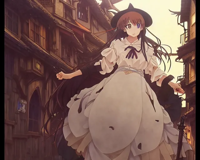 Image similar to kyoani, key anime visual portrait of a young female witch walking through a busy medieval village, dynamic pose, dynamic perspective, cinematic, dramatic lighting, muted colors, detailed silhouette, textured, anime proportions, alphonse mucha, perfect anime, yoh yoshinari, takashi murakami