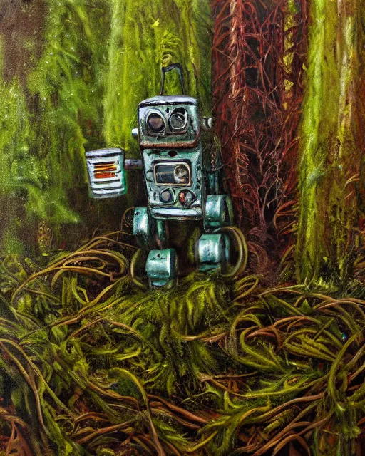 Prompt: detailed oil painting of a decayed, rusty, robot, covered in moss, in a forest, painted by Greg Rukowtski, sunlight