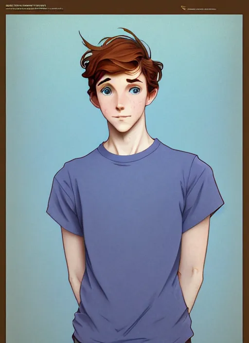 Prompt: art nouveau portrait of a teen boy with straight auburn hair, light blue eyes, pale skin, freckles, sad expression, t - shirt, modern casual clothing, natural lighting, path traced, highly detailed, high quality, cartoon, digital painting, by don bluth and ross tran and studio ghibli and alphonse mucha