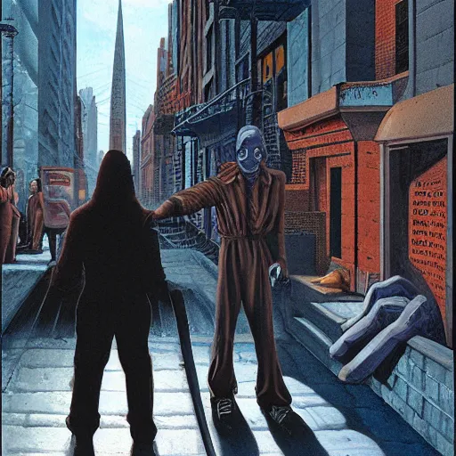 Image similar to a man is followed through the lower east side by strange figures he can only half - see. high quality high detail painting by david mattingly and ralph mcquarrie and richard corben, hd, realistic matte painting, photorealistic lighting, modern supernatural urban horror