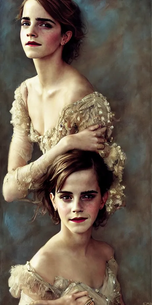 Image similar to emma watson coyly smiling detailed portrait painting by gaston bussiere craig mullins j. c. leyendecker photograph by richard avedon peter lindbergh annie leibovitz