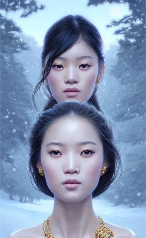 Image similar to a beautiful young charming asian goddess with sundress + jewelry + shinny eyes | | winter, symmetric, realistic shaded, unpleasant face, good looking, fine details, dior, lv, realistic shaded lighting poster by greg rutkowski, macoto takahashi, magali villeneuve, artgerm, jeremy lipkin and michael garmash