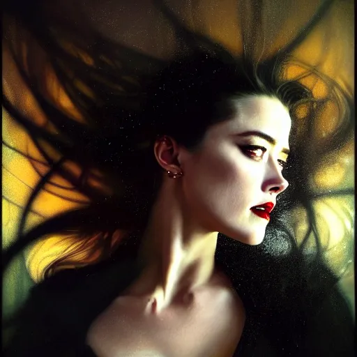 Image similar to hyperrealistic portrait of a woman as amber heard as a vampire witch tears makeup in a black coat turned back while closing a window over the shoulder shot portrait with falling petals in wind. by jeremy mann and alphonse mucha, fantasy art, photo realistic, dynamic lighting, artstation, poster, volumetric lighting, very detailed faces, 4 k, award winning