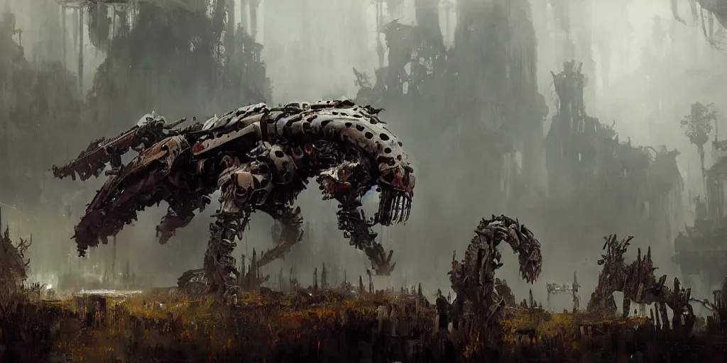 Prompt: beautiful painting by jeremy mann, a mechanical jaguar creature of horizon forbidden west horizon zero dawn, concept art, fantasy, desaturated, ominous, unsettling, sharp focus, octopath traveler, unreal engine highly rendered, global illumination, dramatic lighting, misty