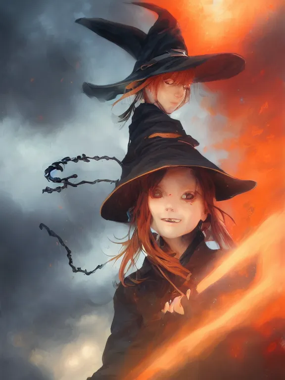 Image similar to Full shot of a cute mischievous young witch about to get up to some trouble. Black and Orange palette. By Ruan Jia and Artgerm and Range Murata and WLOP and CLAMP. Key Art. Fantasy Illustration. award winning, Artstation, intricate details, realistic, Hyperdetailed, 8k resolution.