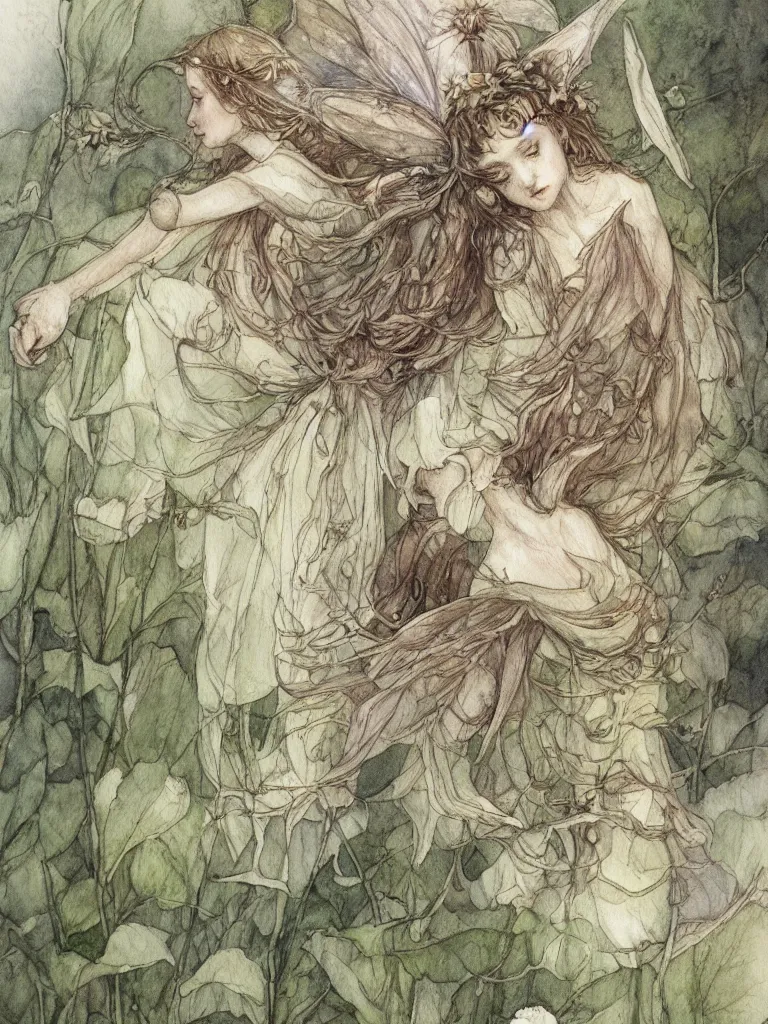 Image similar to annotated study of a flower fairy, illustration, watercolor, alan lee, detailed, pretty, ethereal,