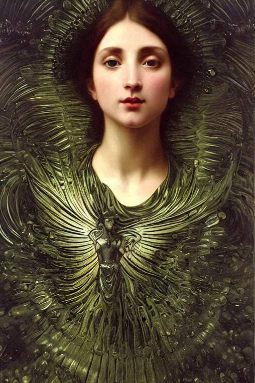 Image similar to hyperrealist highly detailed english medieval portrait of high fashion archangel wrapped in ferrofluid liquid, Art by William Adolphe Bouguereau,, Art by William Adolphe Bouguereau,, by Annie Swynnerton and Tino Rodriguez and Maxfield Parrish, elaborately costumed, rich color, dramatic cinematic lighting, extremely detailed, radiating atomic neon corals, concept art pascal blanche dramatic studio lighting 8k wide angle shallow depth of field, Art by William Adolphe Bouguereau, extreme detailed and hyperrealistic