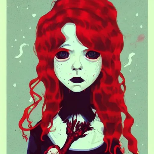 Image similar to Highly detailed portrait of pretty punk zombie young lady with, freckles and beautiful hair by Atey Ghailan, by Loish, by Bryan Lee O'Malley, by Cliff Chiang, inspired by image comics, inspired by graphic novel cover art, inspired by izombie, inspired by scott pilgrim !! Gradient red, black and white color scheme ((grafitti tag brick wall background)), trending on artstation