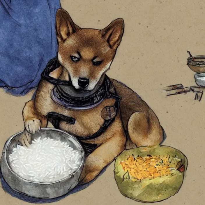 Image similar to a shiba-inu-samurai eating a bowl of rice, d&d concept art, incredible colors, heckin cool pupper