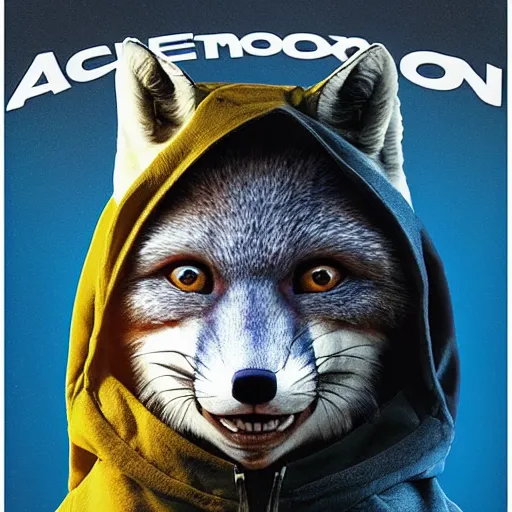 Image similar to modern action adventure movie poster, featuring in anthropomorphic blue fox in a hoodie, promotional movie poster print