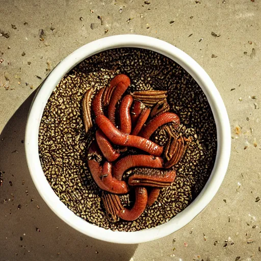 Image similar to a delicious bowl of earthworms sprinkled with birdseed, food photography