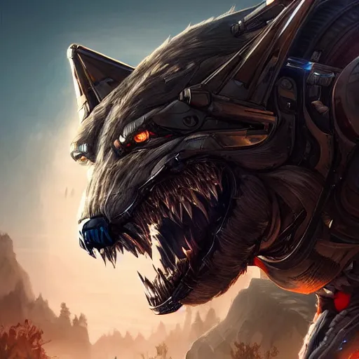 Image similar to an angry cyborg wolf apex predator. intricate, epic lighting, cinematic composition, hyper realistic, 8 k resolution, unreal engine 5, by artgerm, tooth wu, dan mumford, beeple, wlop, rossdraws, james jean, marc simonetti, artstation