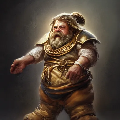 Image similar to portrait of a dwarf holding in two hands the beautiful humongous raw, unrefined gold nugget with organically sculpted lines, realistic, beautiful, fantasy art, dnd, lord of the rings, mid - shot, moody lighting, by greg rutkowski, wlop, artgerm, concept art, sharp focus, ray tracing