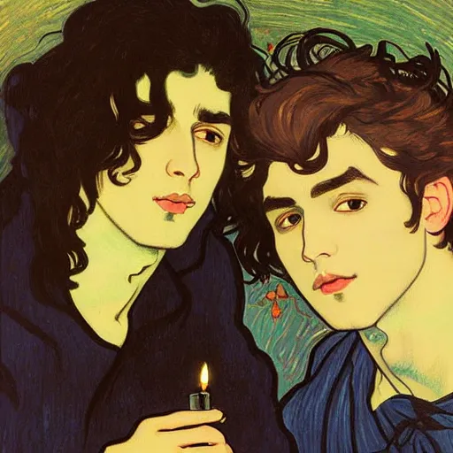 Image similar to painting of young cute handsome beautiful dark medium wavy hair man in his 2 0 s named shadow taehyung and cute handsome beautiful min - jun together at the halloween party, bubbling cauldron, candles, smoke, tarot, autumn colors, elegant, stylized, soft facial features, delicate facial features, art by alphonse mucha, vincent van gogh, egon schiele