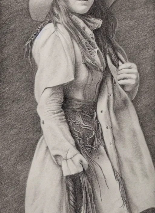 Image similar to 1 8 0 0 s style full body detailed pencil drawing of a cowgirl beautiful face, realistic