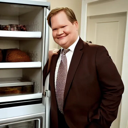 Prompt: Andy Richter is wearing a chocolate brown suit and necktie and stepping out from inside a refrigerator.
