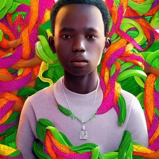 Image similar to colourful vfx art - portrait of nigerian boy wrapped in flowers & vines, art by hsiao - ron cheng & james jean, volumetric light, ray tracing, colourful, sharp, detailed, digital painting, illustration, illustration, highly detailed, intricate detail, unreal engine, octane render, pinterest, behance, art station,