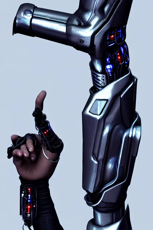 Prompt: a cyberpunk dark metallic arm prosthesis realistic proportions, electric, close look, anatomically correct hand and fingers, sci - fi, rpg, digital painting, artstation, concept art, smooth, 8 k frostbite 3 engine, ultra detailed