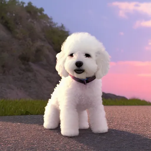 Prompt: a photorealistic photograph of a smiling white bichon puppy sitting in a baby stroller during sunset at the beach Trending on artstation, featured on Behance, well-rendered, Unreal Engine, 4K HD