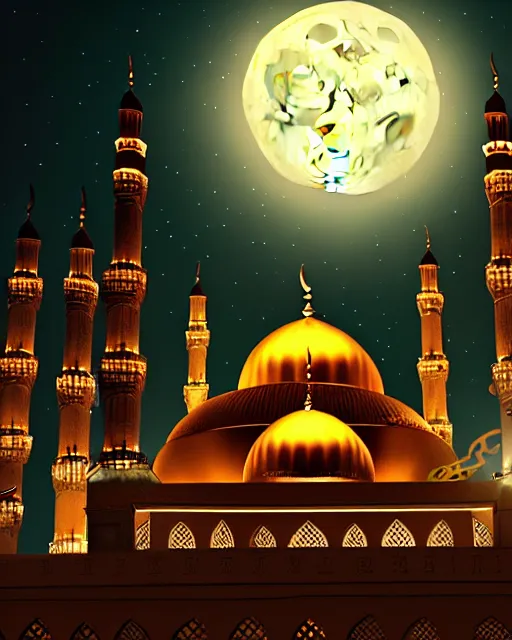 Prompt: beautiful mosque under a giant full moon, glowing arabic symbols, epic gold spires and towers, cinematic, dramatic lighting, extreme detail, artstation, sharp focus, masterpiece,