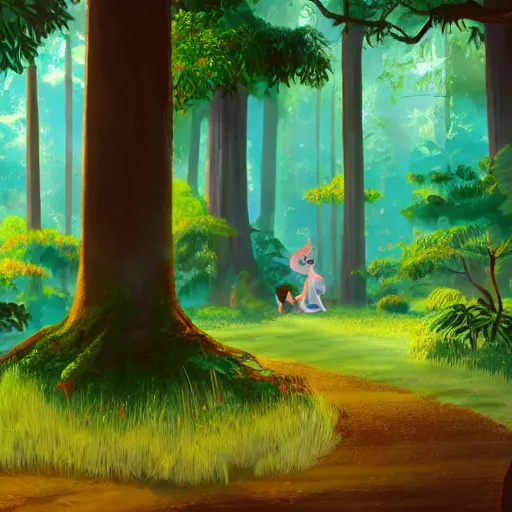 Image similar to a movie still frame, a wide shot of a dark enchanted forest with dappled lighting on the ground, tall large trees, muted color palette, lush foliage, disney feature animation artwork, pixar concept art,