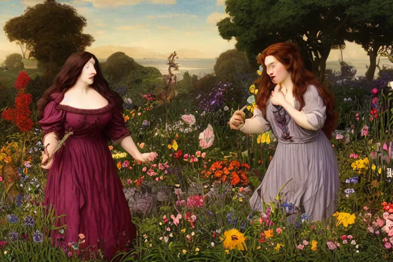 Prompt: hagrid the viking and morticia addams frolicking in a field of various flowers, fairy garden, masterpiece, highly detailed, oil on canvas, art by kilian eng and frederic leighton and rosetti