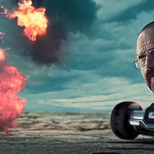 Prompt: Wide angle photo of walter white on a hoverboard with an exploding car behind him, color, cinematic lighting