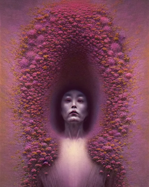 Image similar to portrait, descending into ethereal madness, flowers by wayne barlowe, toru kamei zdzisław beksinski, tanaka suguru, itsuko azuma, kinuko y. craft, mysterious, aesthetic!!! hyper detailed