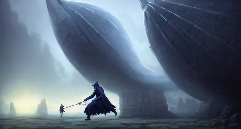 Image similar to handsome mage holding a staff running away from giant airship, black hair wearing square hooded gothic navy cloak, cave town, movie action still frame, ultra wide horizon, intricate, elegant, highly detailed, hyperrealism, digital painting, concept art, smooth, sharp, focus, illustration, art by artgerm, greg rutkowski, ilya kuvshinov