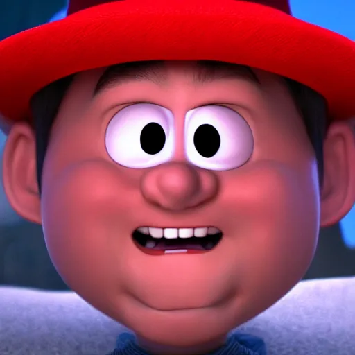 Prompt: A portrait of an evil sorecerer with a red hat, pixar cartoon style, high detail, 8k