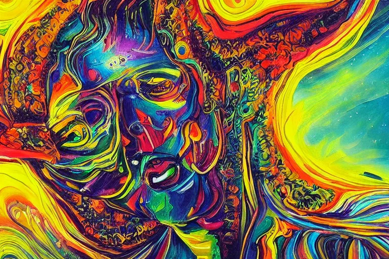 Image similar to high detailed painting of a psychedelic android in a mystic spiritual world, the war of spirits in the cosmos