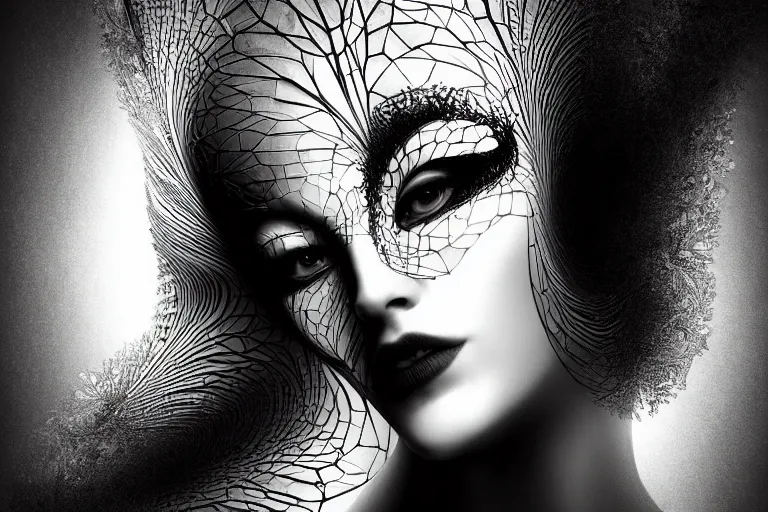 Image similar to portrait of a young beautiful woman with a mask. contemporary photograph and speed painting and fractal and mandelbulb and lines and scribble art. black and white. intricate, elegant, super highly detailed, professional digital painting, artstation, concept art, smooth, sharp focus, no blur, no dof, extreme illustration, Unreal Engine 5, Photorealism, HD quality, 8k resolution, cinema 4d, 3D, beautiful, cinematic, art by artgerm and greg rutkowski and alphonse mucha and loish and WLOP