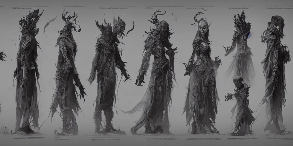 Image similar to gothic ghost character designs, Greg Rutkowski, character sheet, kim jung gi, Darek Zabrocki, Karlkka, Jayison Devadas, Phuoc Quan, trending on Artstation, 8K, ultra wide angle, pincushion lens effect