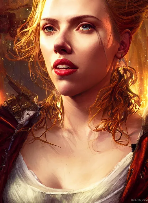 Image similar to portrait of scarlett johansson as a pirate, hyper detailed, digital art, trending in artstation, cinematic lighting, studio quality, smooth render, unreal engine 5 rendered, octane rendered, art style by klimt and nixeu and ian sprigger and wlop and krenz cushart.