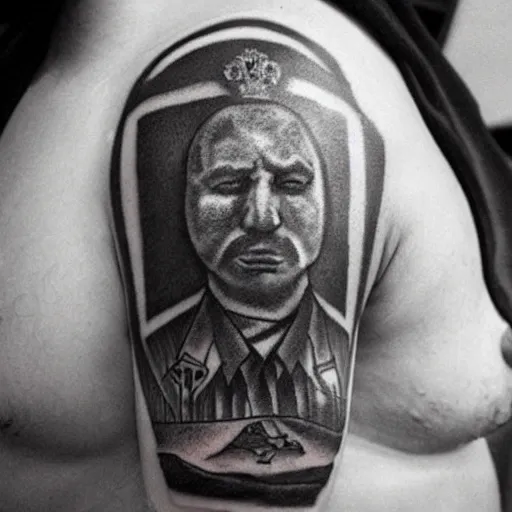 Image similar to black and white photorealistic photo of russian prison tattoos, russian criminal tattoos, nakolki