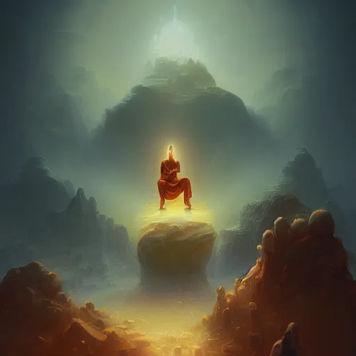 Image similar to in the style of peter mohrbacher, a glowing monk floating and meditating on a rock, dystopian landscape, intricate, masterpiece, award winning, fantasy, hyperrealism intricate