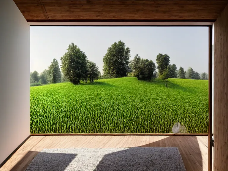 Image similar to hyperrealism design by cornelia konrads photography of beautiful detailed small house around the forest in small ukrainian village by taras shevchenko and wes anderson and caravaggio, wheat field behind the house, volumetric natural light