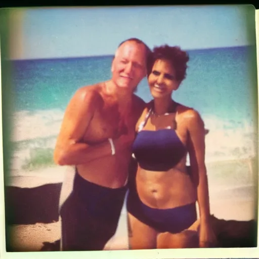 Image similar to found polaroid of my parents at beach, who look exactly like Halle Berry and Ted Cruz