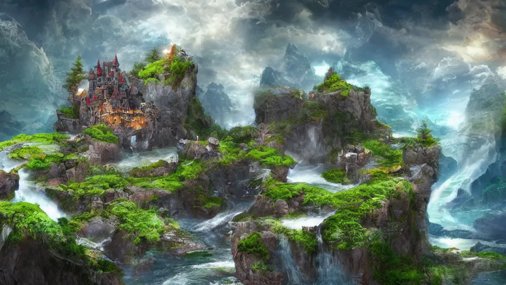 Prompt: floating castle with rivers flowing underneath, water falls, fantasy artwork, award winning, very very very very very very very beautiful scenery, hd, 4k, 8k, artstation